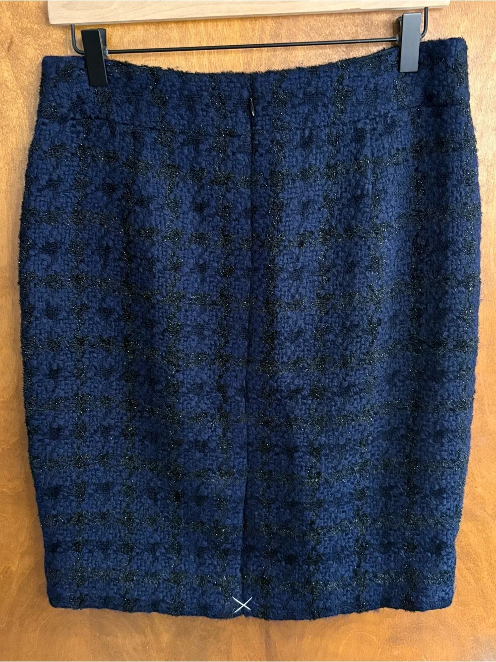 J. Crew Navy Blue Wool Tweed Pencil Skirt Plaid Office Work Career Metallic Boho